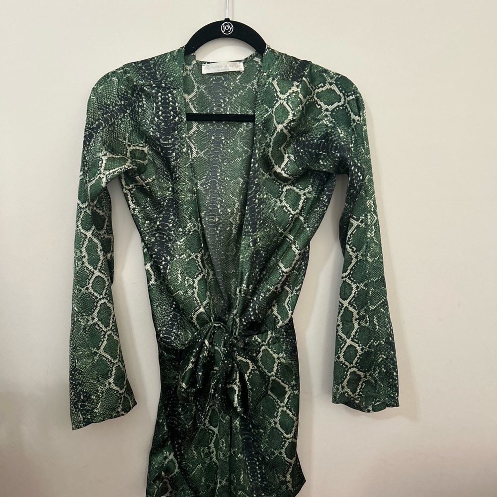 Ramona La Rue Green Snake Print romper.